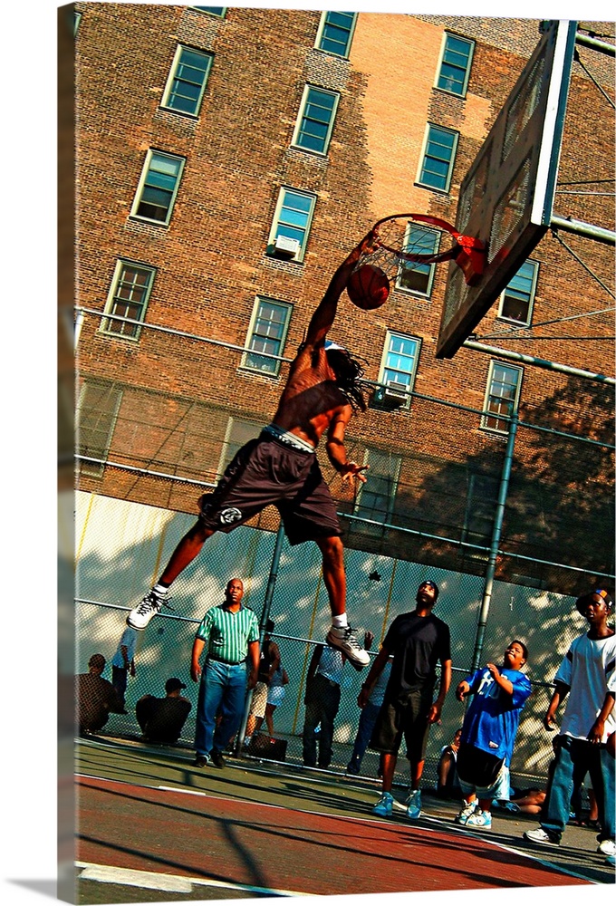 United States, USA, New York, New York City, Harlem neighborhood, men playing basketball
