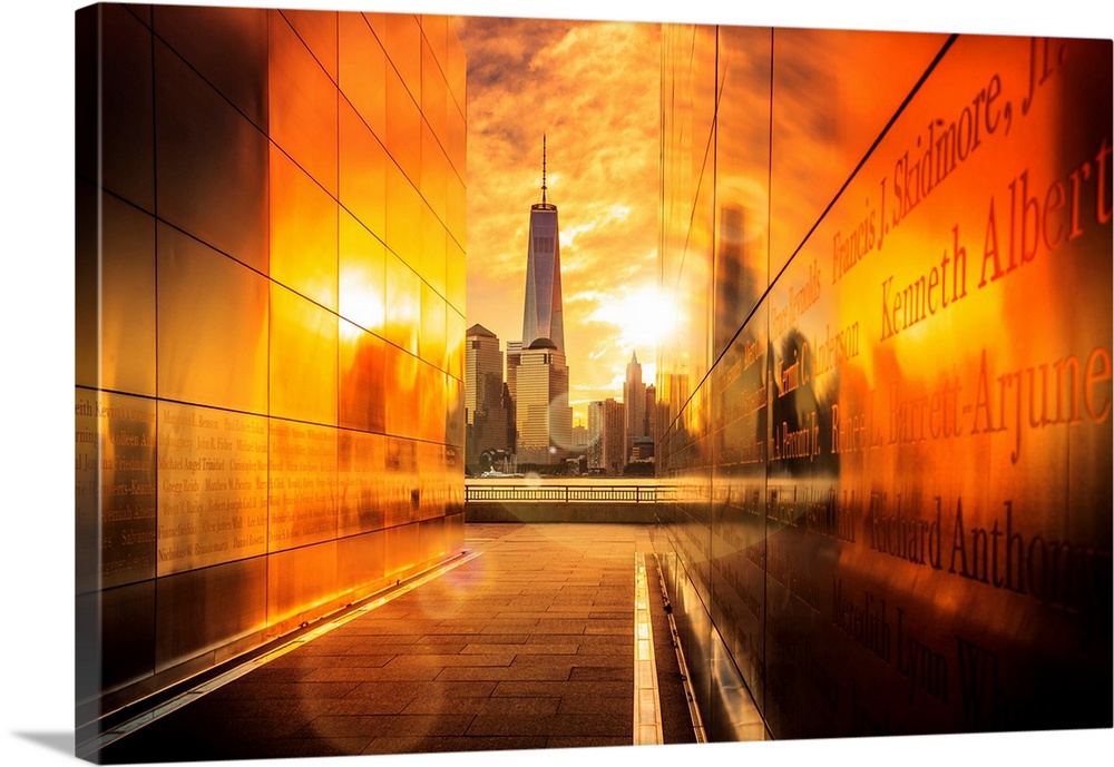 USA, New Jersey, Liberty State Park, Empty Sky 9-11 memorial in Liberty State Park at sunrise with Freedom Tower and Lower...