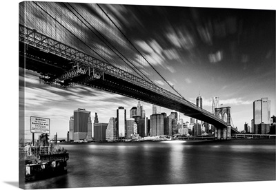 USA, New York City, Brooklyn Bridge, View Towards Lower Manhattan Skyline At Dawn