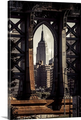 USA, New York City, Brooklyn, View With Empire State Building Framed By Manhattan Bridge