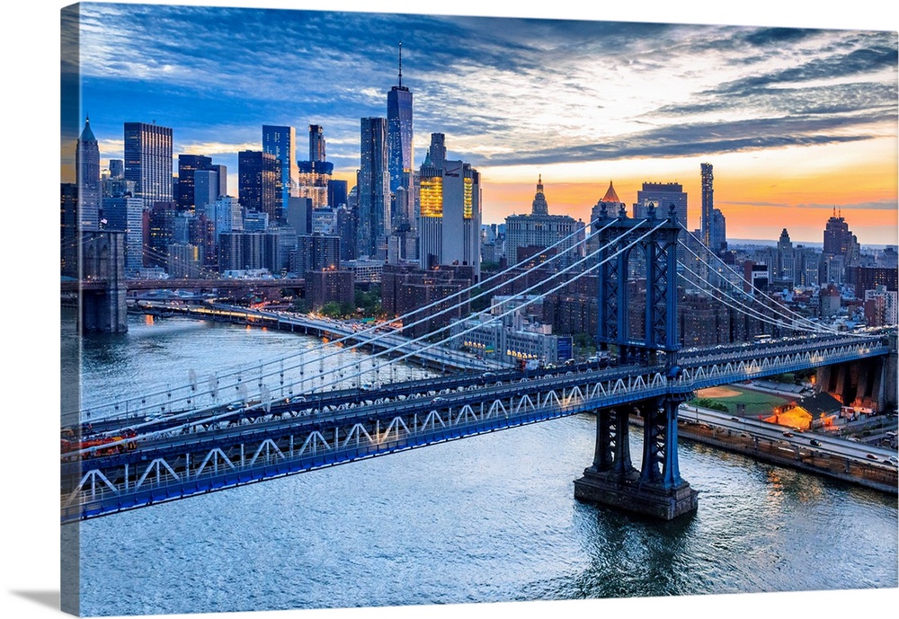 USA, New York City, East River, Aerial View Towards Manhattan, Brooklyn  Bridge, Sunset Solid-Faced Canvas Print
