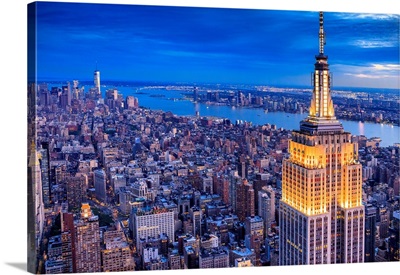 USA, New York City, Hudson, Aerial View Towards Empire State Building, Manhattan, Night
