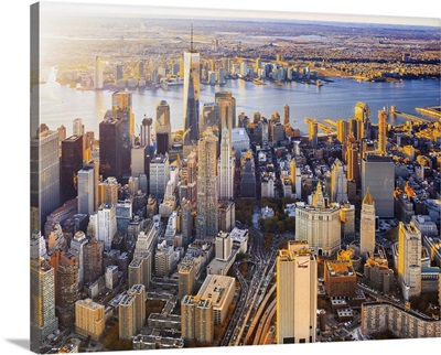 USA, New York City, Lower Manhattan, Aerial View Towards One World Trade Center, Sunset