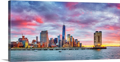 USA, New York City, Lower Manhattan, Financial District And Freedom Tower, Sunset