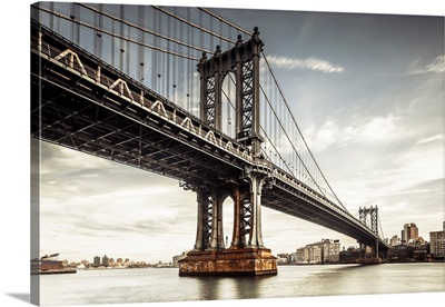USA, New York City, Manhattan Bridge, Manhattan Bridge At Sunset