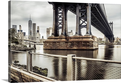 USA, New York City, Manhattan Bridge Pylon, Brooklyn Bridge And Freedom Tower