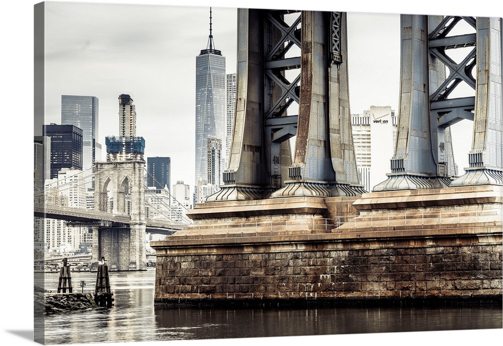 USA, New York City, Manhattan Bridge pylon, Brooklyn Bridge and Freedom Tower in background.