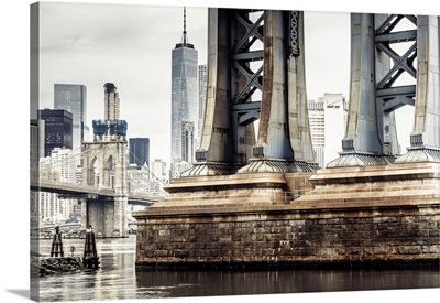 USA, New York City, Manhattan Bridge Pylon, Brooklyn Bridge And Freedom Tower