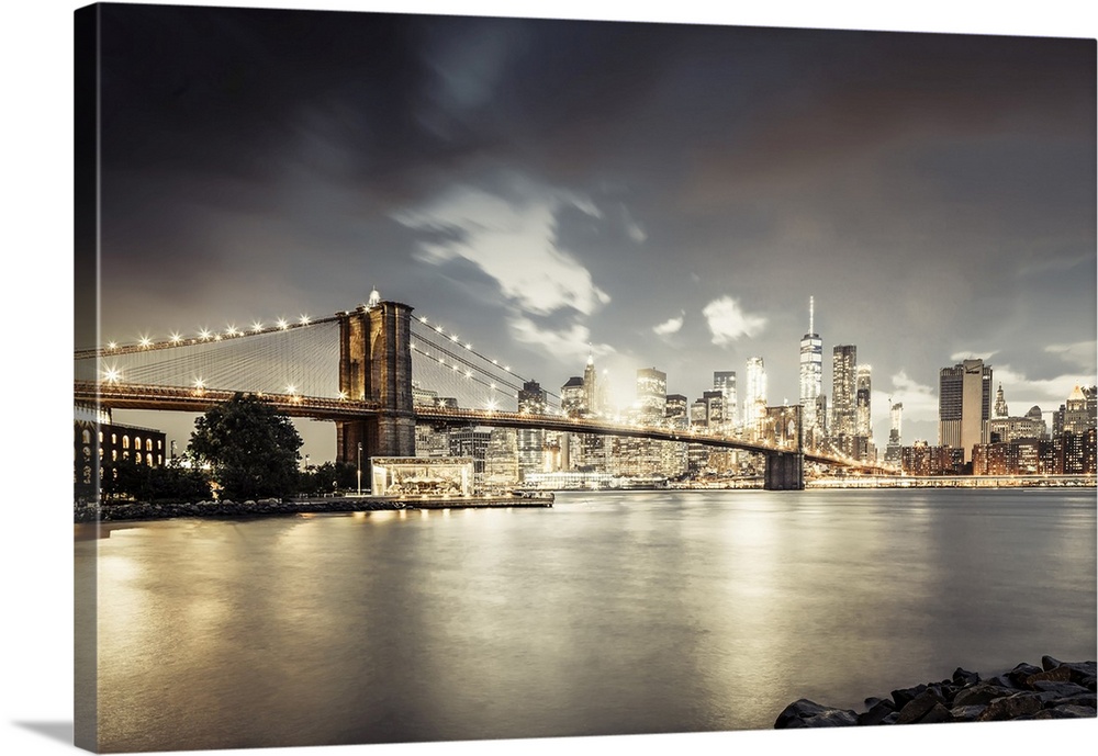 United States, New York City, Manhattan, East River, Lower Manhattan, Brooklyn Bridge, View from Dumbo towards Lower Manha...