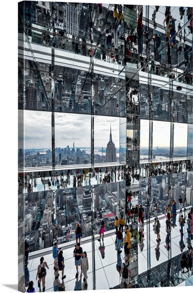 USA, New York City, Manhattan, Summit Building, mirrored view of people walking on glass floor, Empire State Building and ...