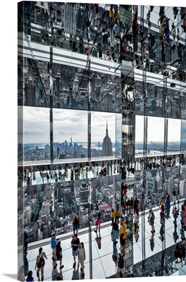 USA, New York City, People Walking On Glass Floor, Empire State Building And Manhattan