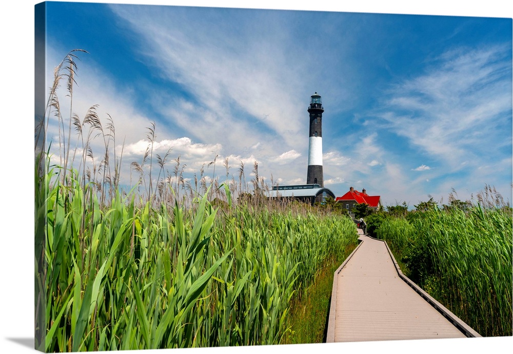 USA, New York, Long Island, wooden path to the Fire Island Lighthouse surrounded by beach grass, blue sky, white clouds.