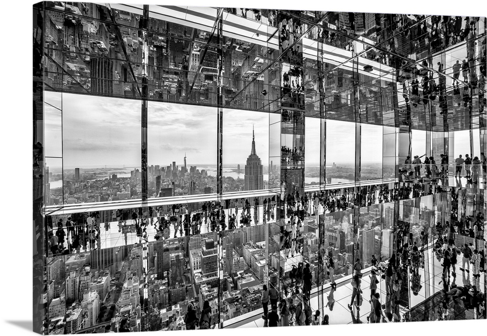 USA, New York City, Manhattan, black and white mirrored view inside Summit Building, people walking on glass floor, Empire...