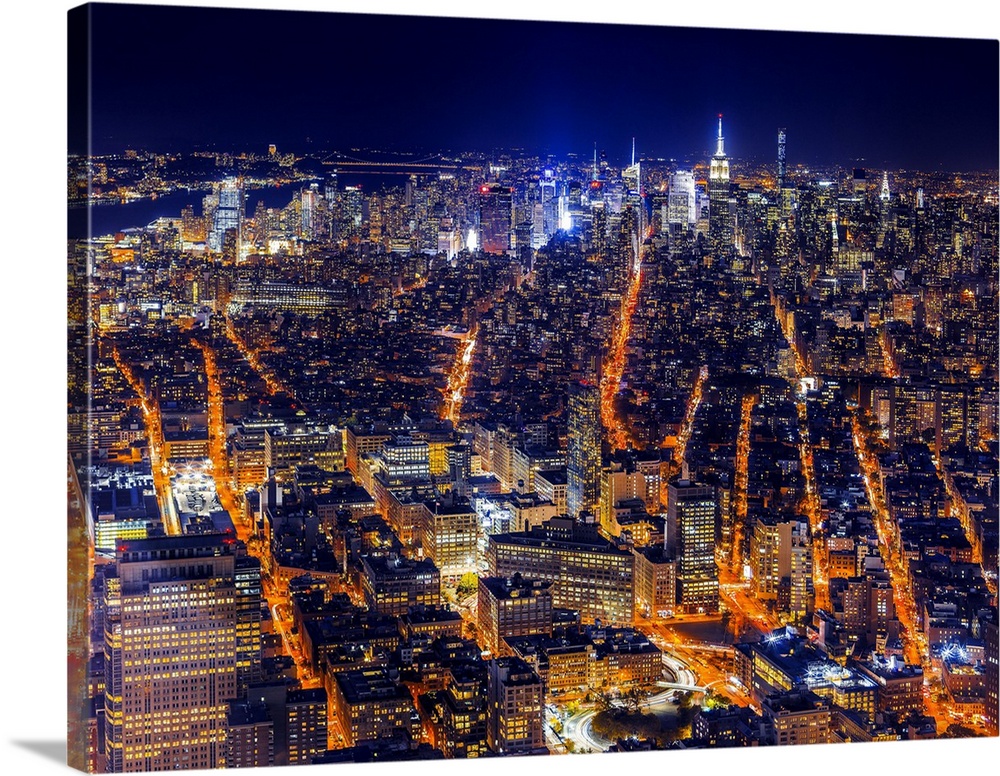 USA, New York City, Midtown, Stunning view from the Freedom Tower observatory deck, one world observatory, towards Empire ...