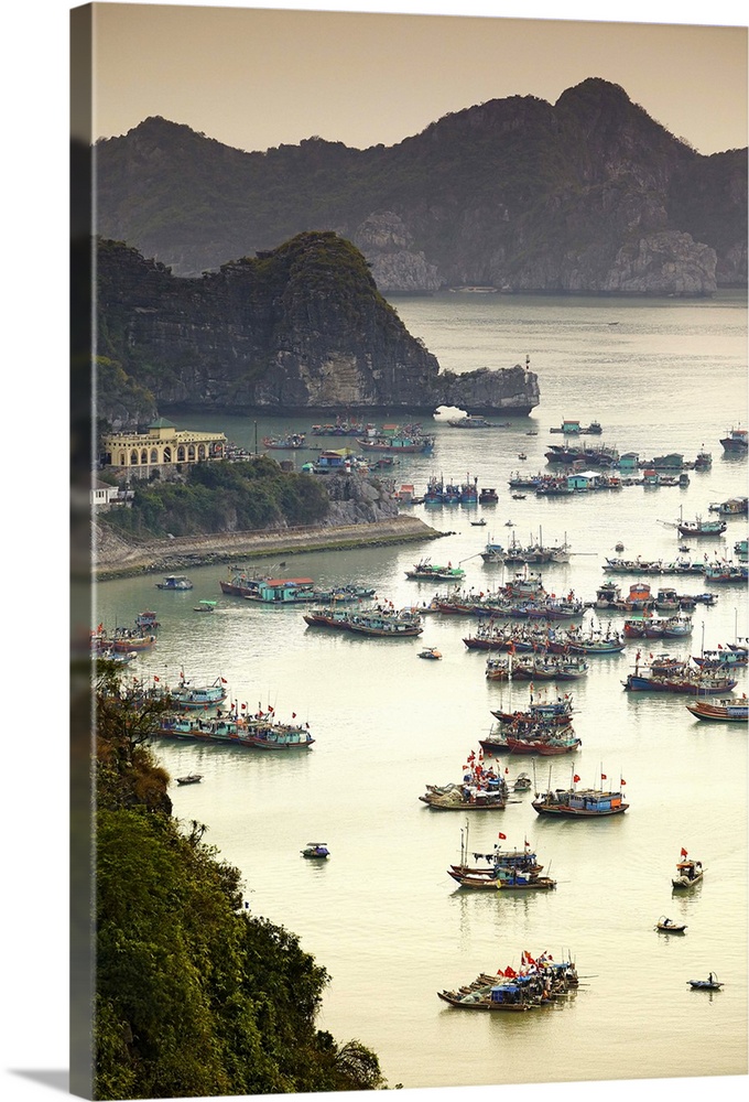 Vietnam, Northeast, Halong Bay, Fishing boats in the bay, Cat Ba Island, Ha Long Bay, Quang Ninh.