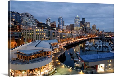 Washington, Seattle, Evening light on the Bell Harbor Marina & downtown, Puget Sound