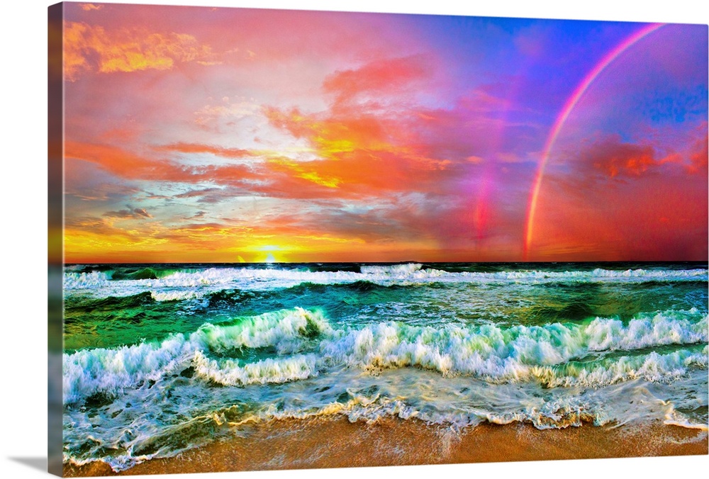 A beautiful beach rainbow with ocean waves and a bright sunset, predominant colors are red and green.
