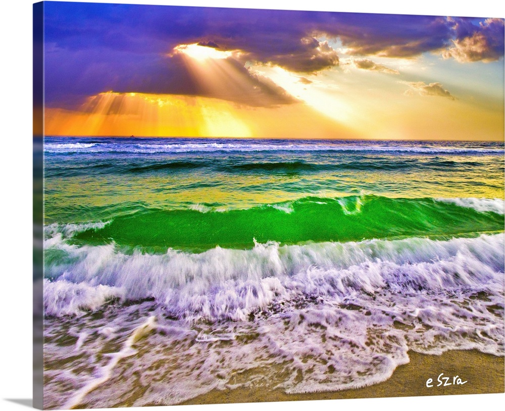 Ocean Waves break upon the sea shore under a beautiful sunset. The golden sun rays break through the waves and onto the be...
