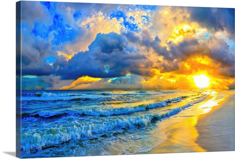 Beautiful Blue Ocean Sunset And Waves Wall Art, Canvas