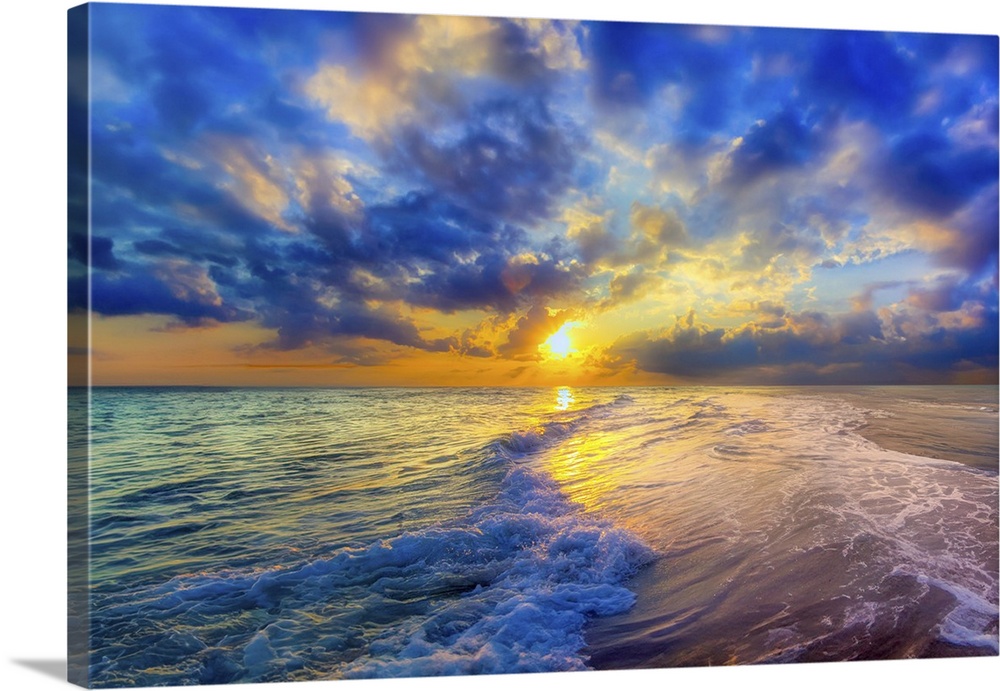 Beautiful glistening waves gently roll onto the beach in this calming landscape. A soft and colorful blue, yellow, and whi...