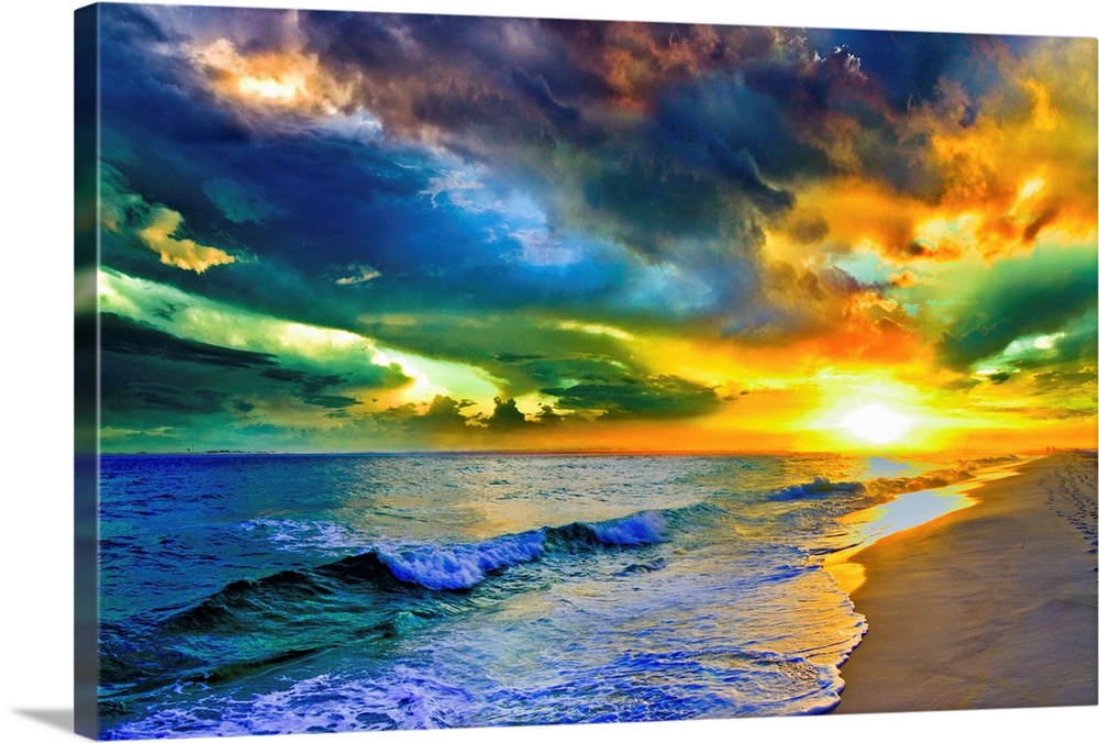 A beautiful sea at sunset in this landscape photo. A seascape with waves on the shore before a beautiful sunset with expan...