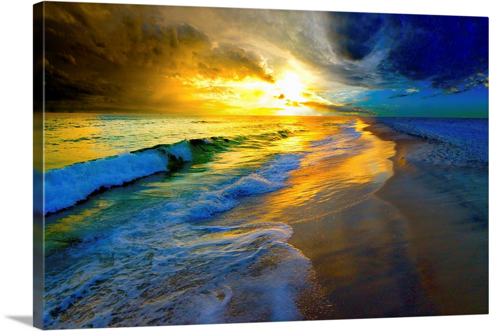 A beautiful ocean sunset with waves striking a sunlit sea shore.
