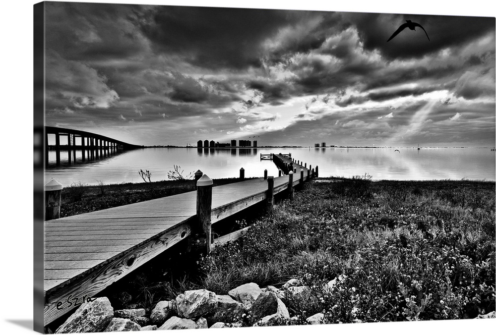 Black and White Fishing Pier-Navarre Park Florida | Large Solid-Faced Canvas Wall Art Print | Great Big Canvas