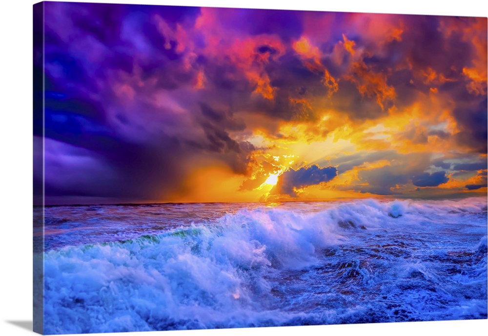 Sunlit waves crash through the ocean under a blue, red, purple, and golden sunset.