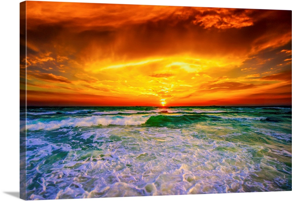 Brilliant Green Flaming Red Fiery Ocean Sunset