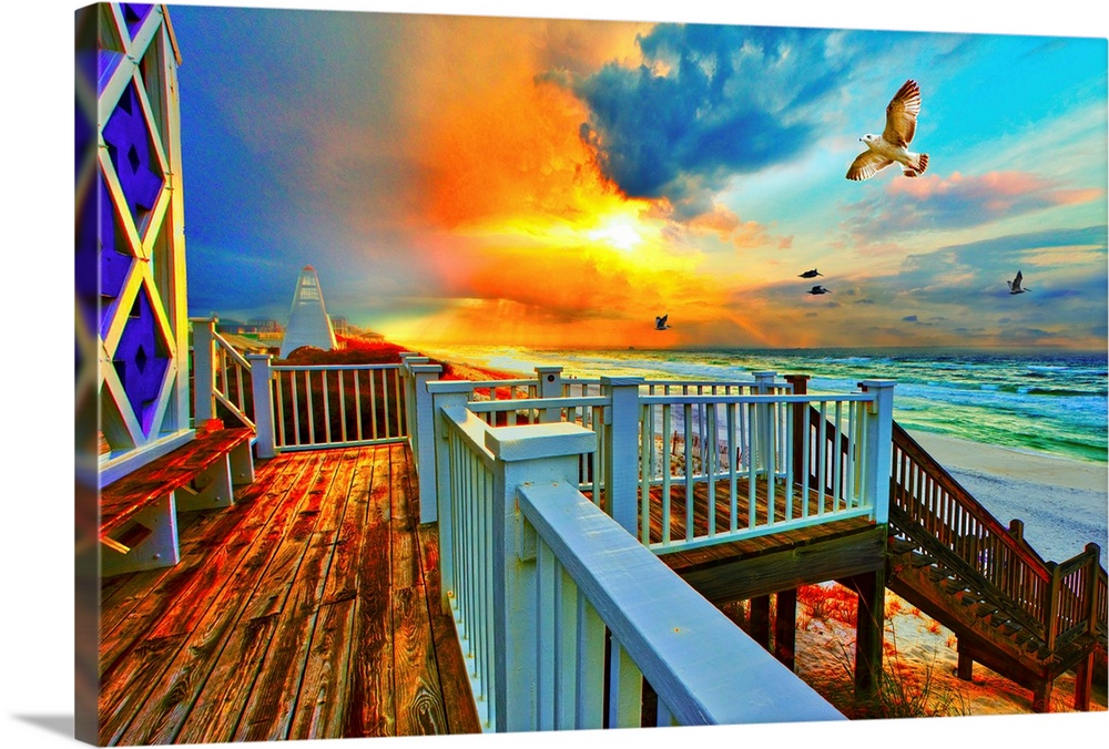 A blue cloud looms above a bright orange sunrise. A sea hawk sores above a white staircase that leads down to the beach an...