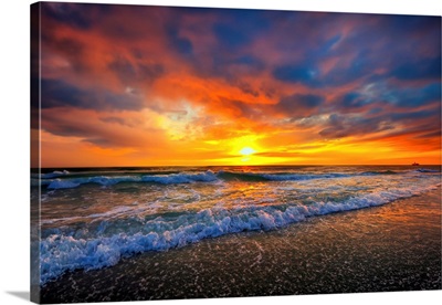 Colorful Fiery Red Blue Beach Sunset