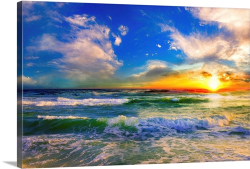 Colorful ocean beach sunrise with deep blue sky and sun rays. Spiral  Notebook by Julien - Pixels