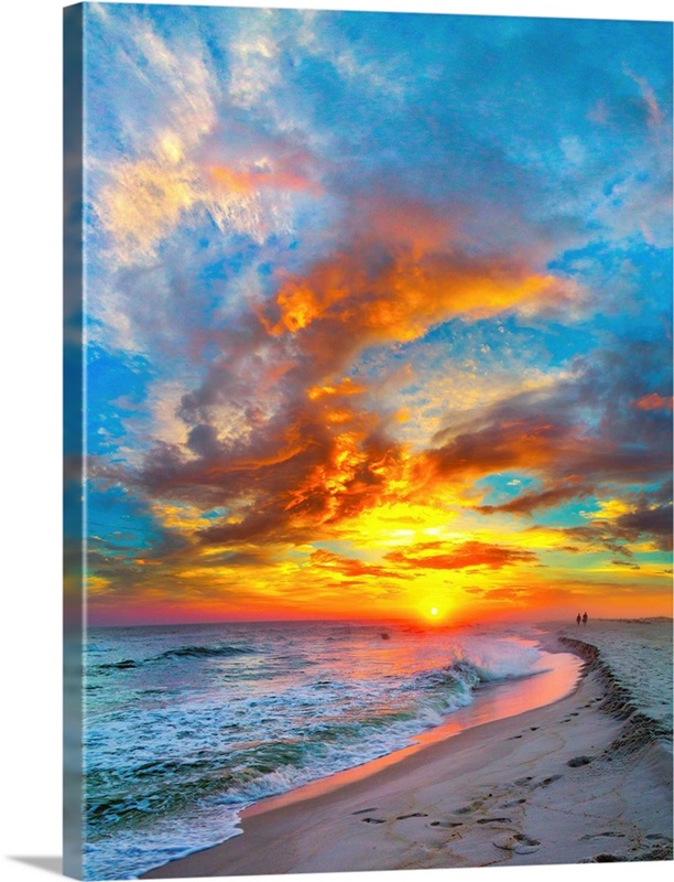 Amazing Orange Red Blue Sunset Beach Waves | Large Solid-Faced Canvas Wall Art Print | Great Big Canvas