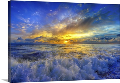 Gold Blue Crashing Ocean Wave Sunset