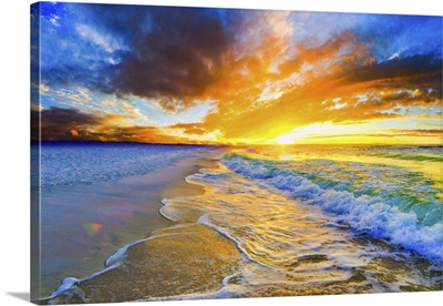 Golden Ocean Waves Bright Orange Blue Beach Sunset