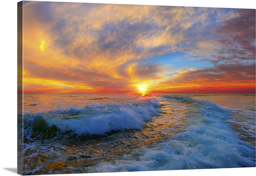 Ocean waves spiral through the sunset and up into a red and blue and golden sky.