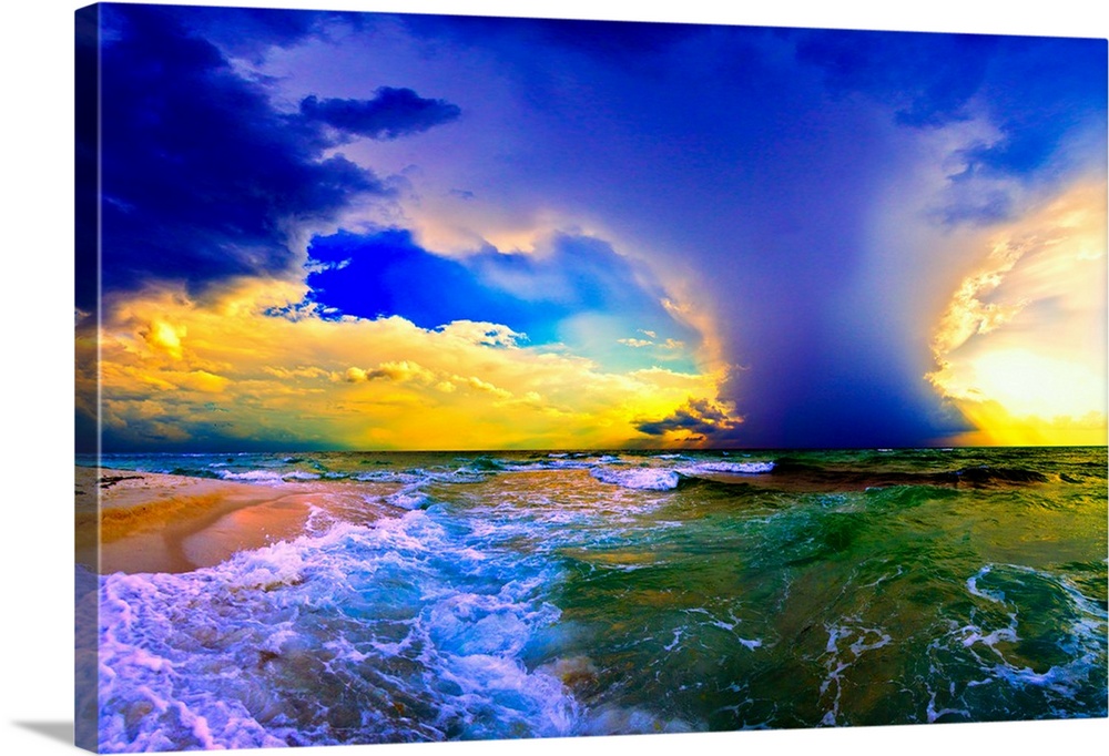 A blue cloud plume over a green seascape. Green waves crash onto the sandy sea shore. Landscape taken on Navarre Beach, Fl...
