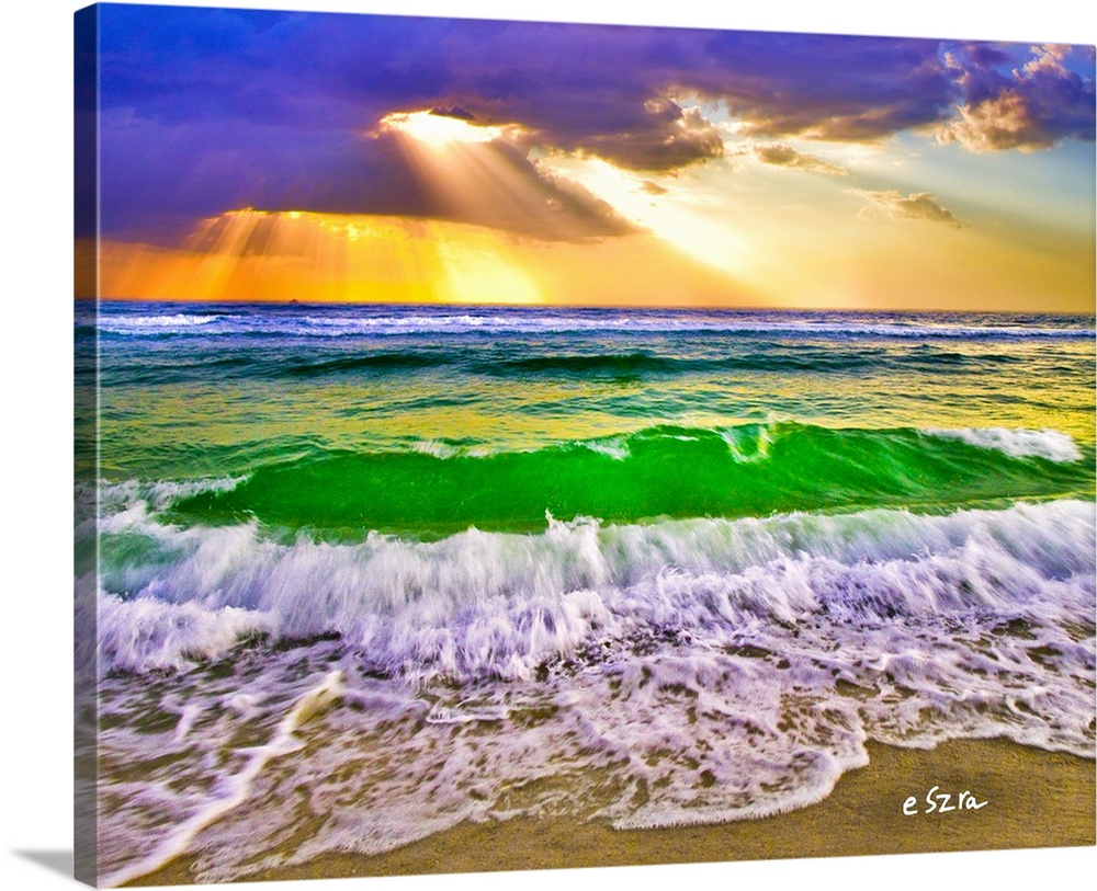 Heavenly light cast on a breaking wave in Florida.