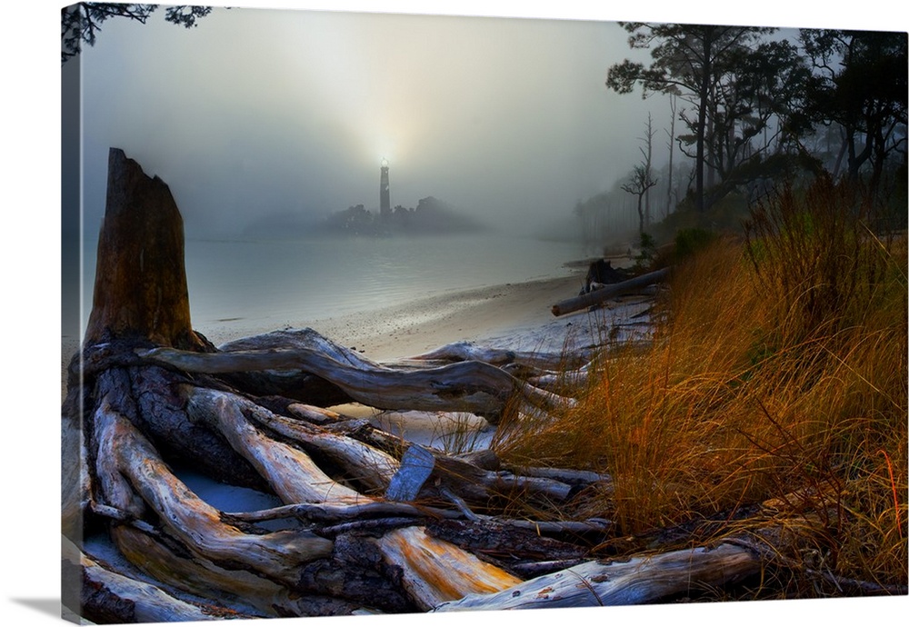 A lighthouse in the fog in this fantasy art.