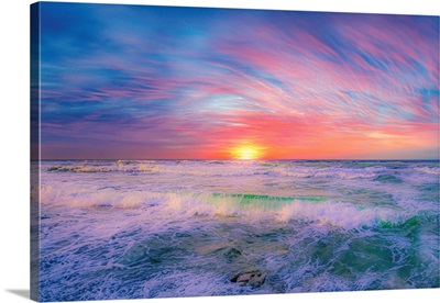 Orange, Blue, And Green Foamy Waves At Sunset