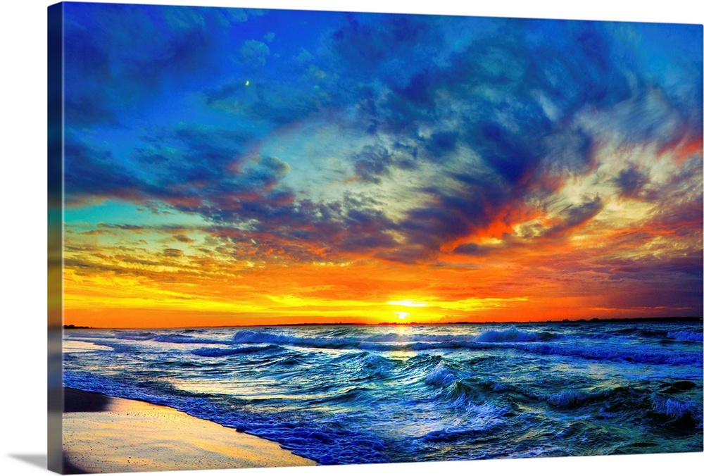Amazing Orange Red Blue Sunset Beach Waves | Large Solid-Faced Canvas Wall Art Print | Great Big Canvas