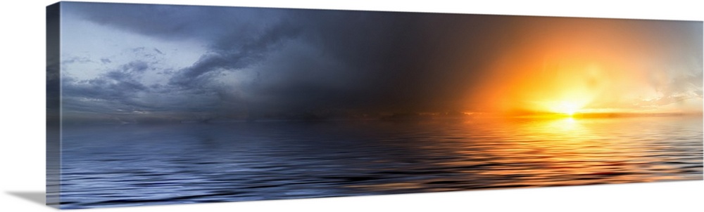 A panoramic sunset of a red sky over a dark ocean seascape.