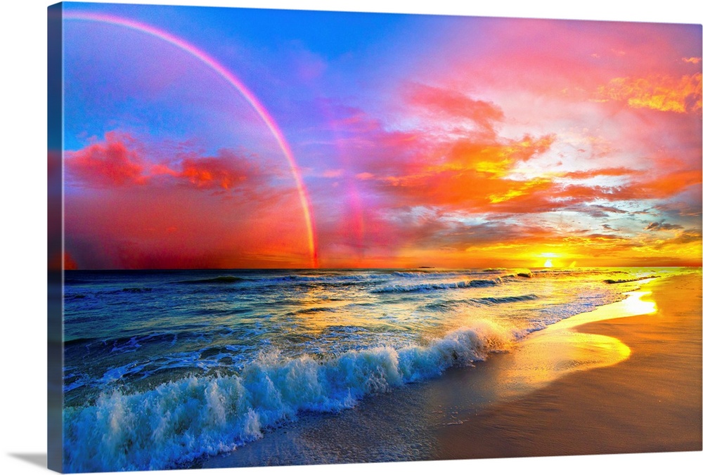 Pink Sunset Beach With Rainbow And Ocean Waves Wall Art Canvas