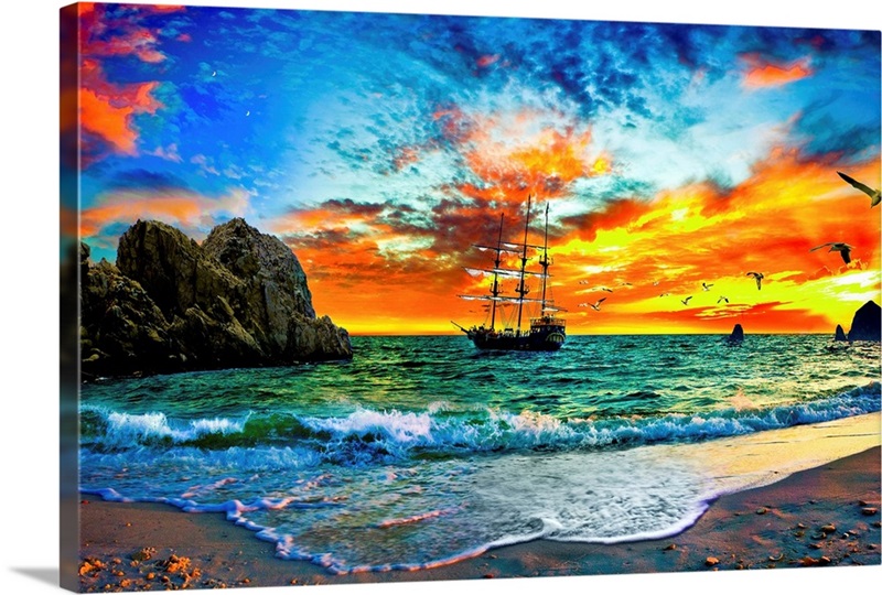 Pirate Ship Sunset Seascape CANVAS WALL ART Box Framed Picture Print Home Decor