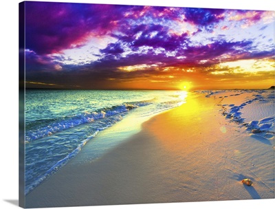 Purple And Blue Sunset Sandy Beach Ocean Shore