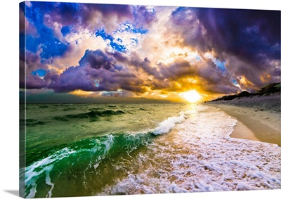 Purple Blue Beach Sunset With Crashing Wave