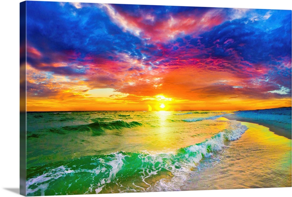 Purple Sunset Beach with Rocks Pictures Framed Wall Art for Home and Office 