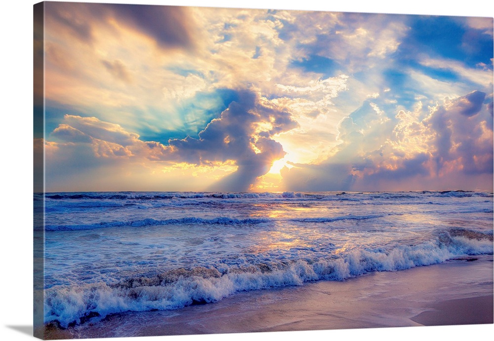 Red And Blue Cascading Waves On Sand At Sunset