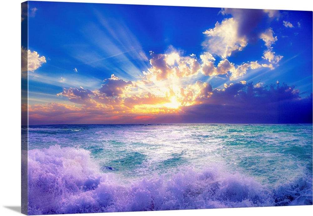 Red And  Blue Swirling Sea Shore At Sunset