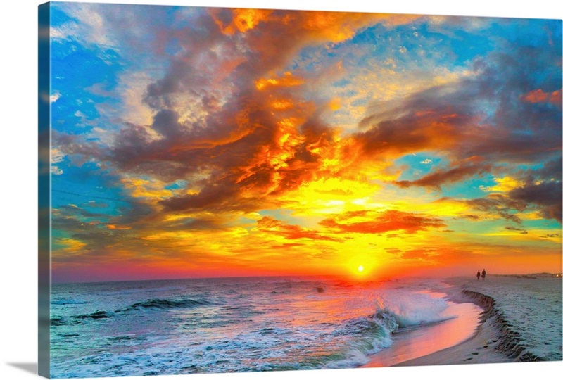 Amazing Orange Red Blue Sunset Beach Waves | Large Solid-Faced Canvas Wall Art Print | Great Big Canvas